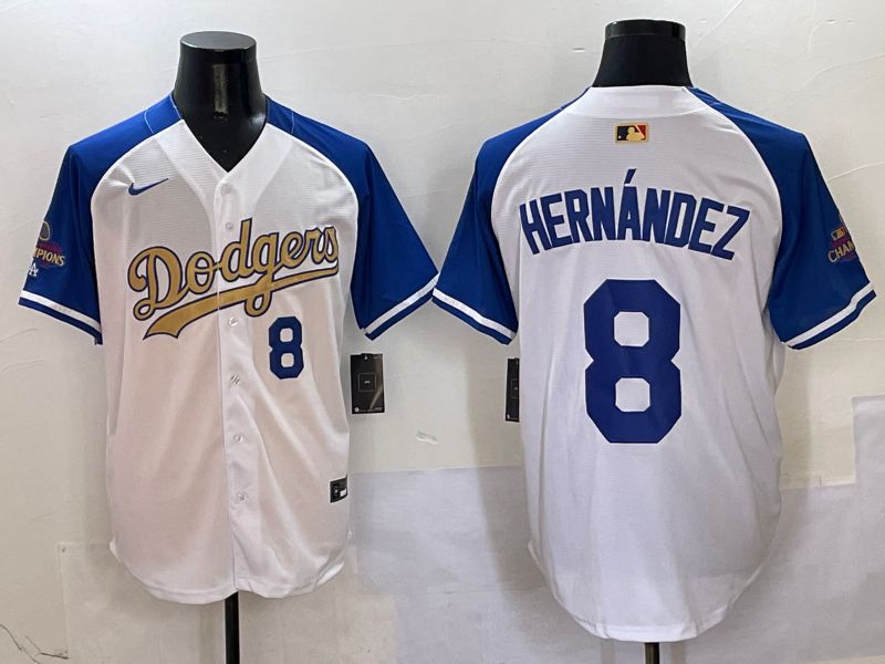 Men Los Angeles Dodgers 8 Hernandez White Blue Champion gold character Nike 2025 MLB Jersey style 5042